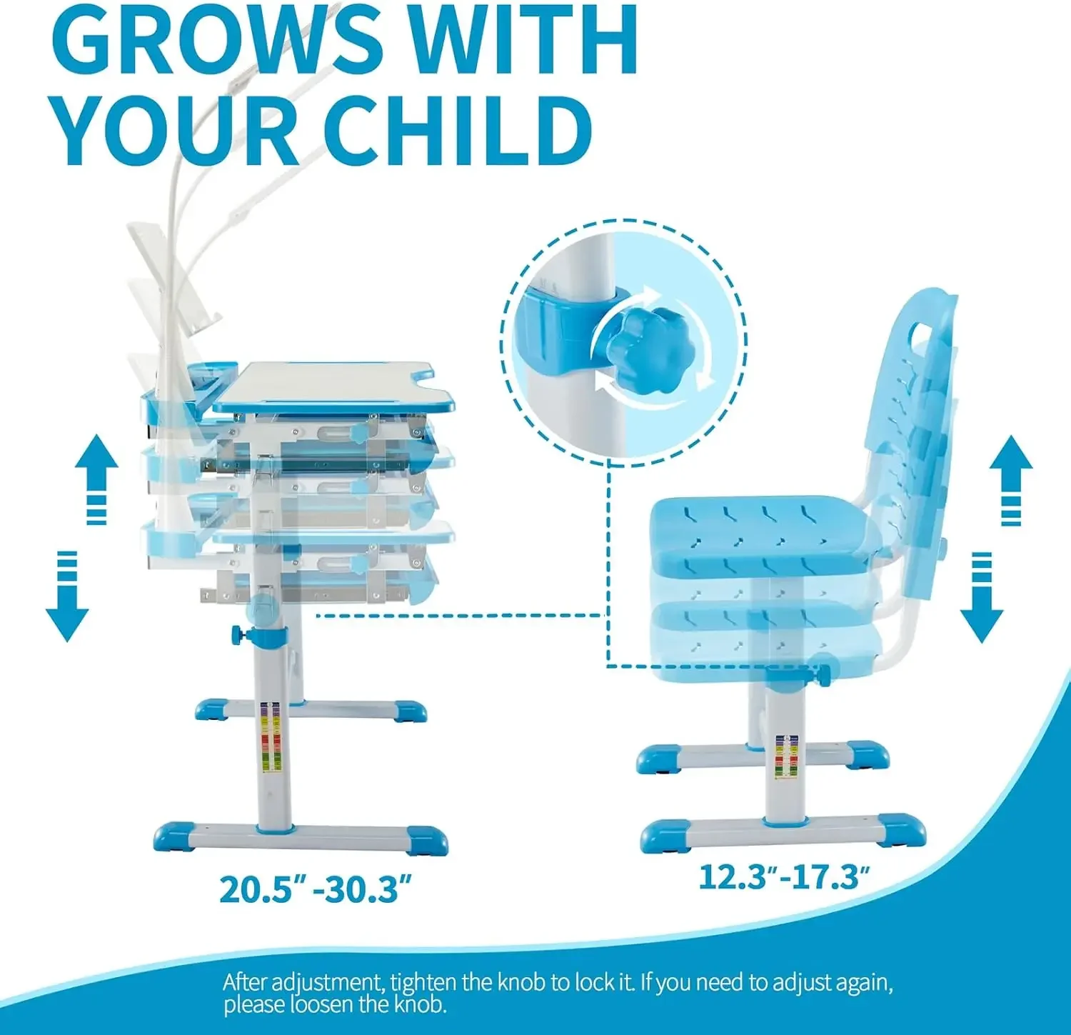 Functional Desk and Chair Set, Ergonomic Height Adjustable Children School Study Desk with Tilt Desktop, Book Stand, LED Li