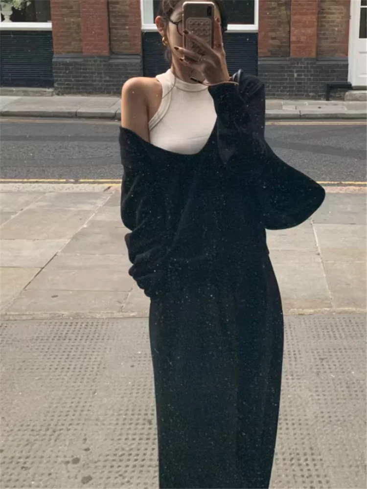 Korean Chic Fall New Design 2 Pieces Knitted Sweater Basic White Tank&Long Sleeve Off Shoulder Deep V Neck Loose Casual Pullover