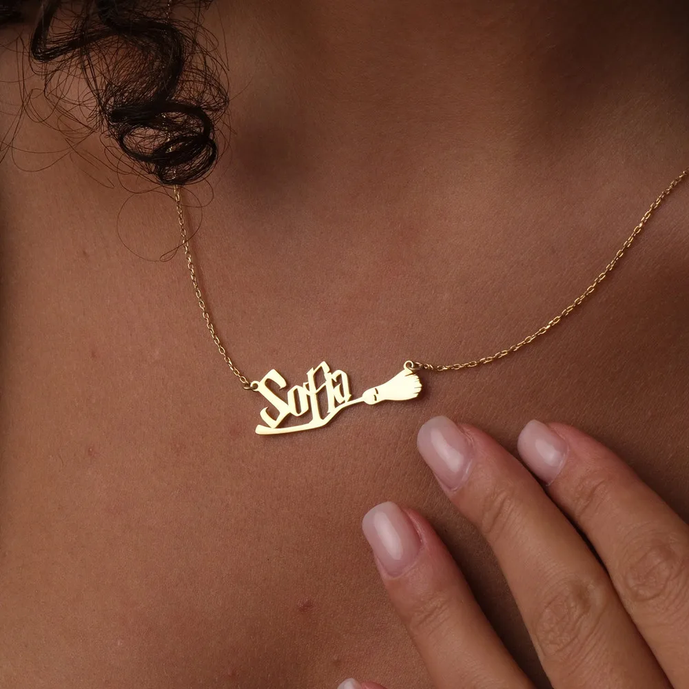 Custom Wizard Name Broom Necklace Personalized Jewelry Stainless Steel Choker Necklace Women Halloween Gift for Witch Lovers