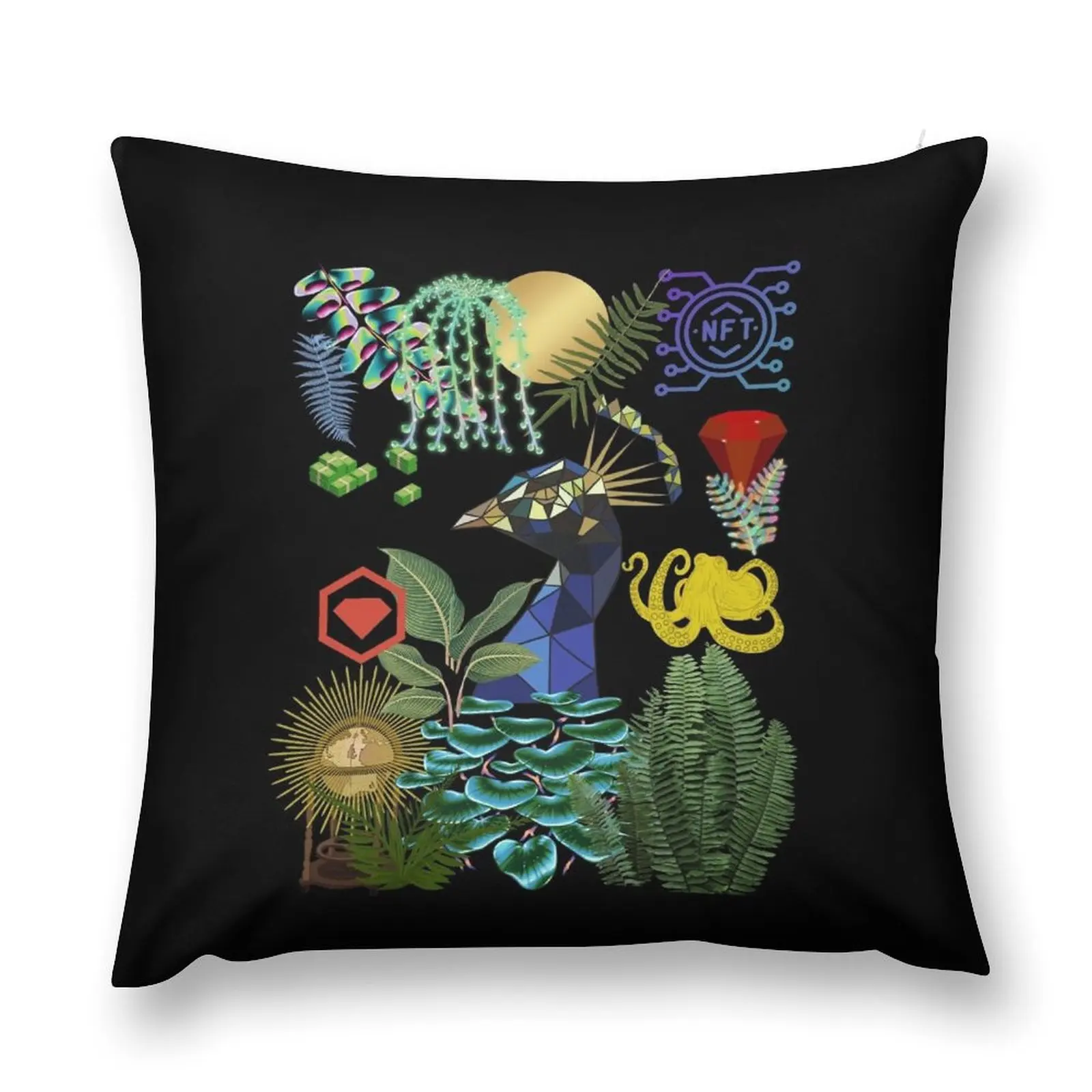 NFT's Peacock, Crypto Jungle, Millionaire Lifestyle, Golden Octopus, Ruby Throw Pillow Cushion Child pillow