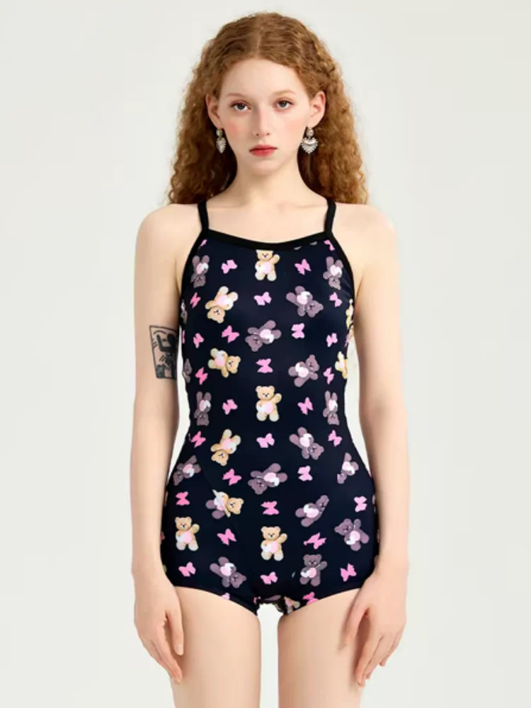 One Piece Swimsuit Women 2026 New Cartoon Bear Print Sling Bodysuit Sexy Swimwear Summer Monokini Beachwear Bathing Suit Female