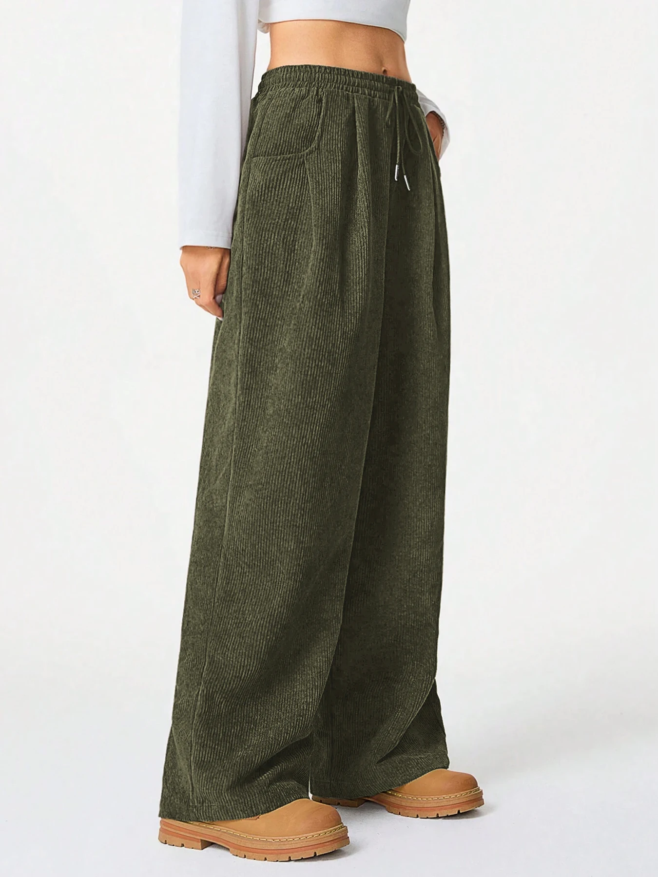 Damen Retro Cord Cargo-Hose Lässige Kordelzug Gerade Sporthose Fließende Alltags-Pendlerhose mit Weitem Bein – Detail 23
