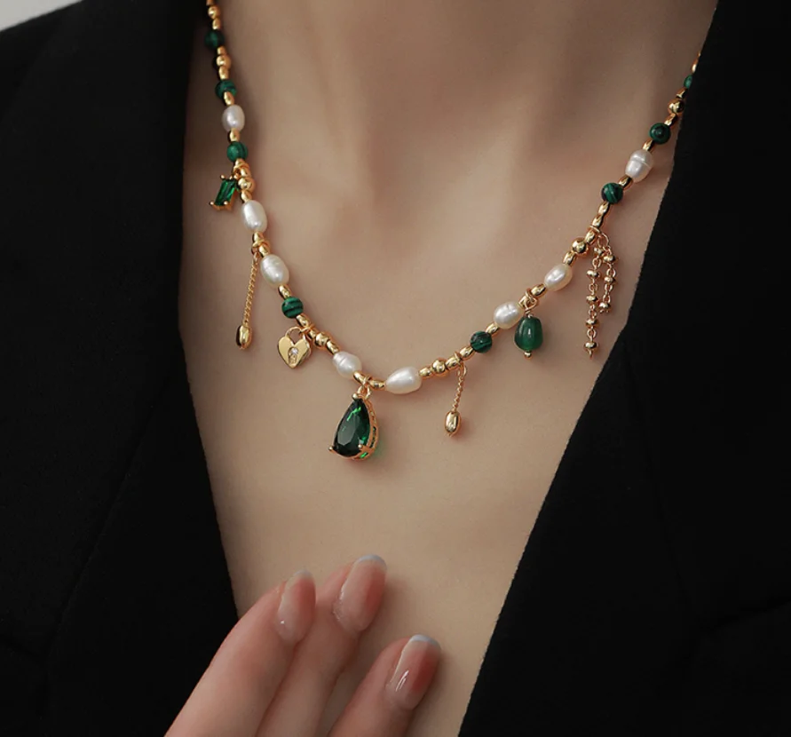 Simple necklaces antique copper plated k gold Malachite Pendant pearl necklace for women fashion jewelry