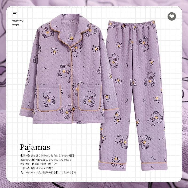 2024 New Student Pajamas Women Spring Autumn Thickened Pure Cotton Loungewear Long Sleeved Three-layer Air Cotton Warm Homewear