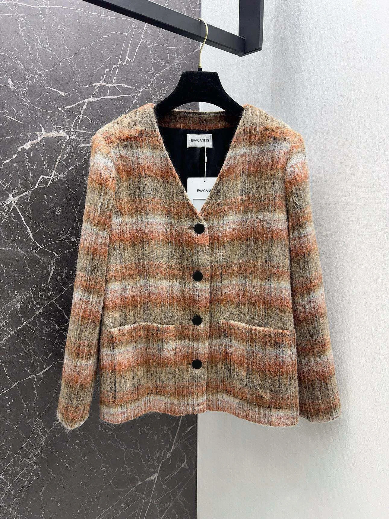 

EVACANDIS High Quality Women New Chic Vintage Plaid V-Neck England Style Wool Blended Coat Single Breasted Thick Elegant Tops