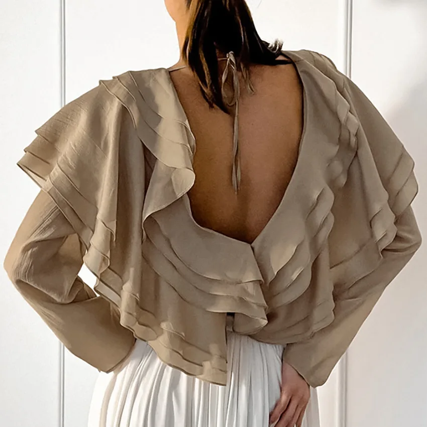 Elegant Chiffon Blouse for Women Fashion Office Lady V-neck Ruffled Backless Tops Casual Long Sleeve Shirt Female Clothing