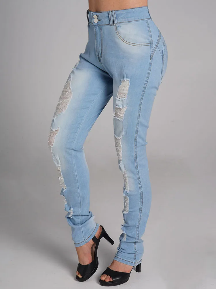 

2024 Fashion Women's Skinny Jeans Casual Jeans Zipper Fly Light Wash Solid Color Pockets Ripped Long Skinny Denim Pants