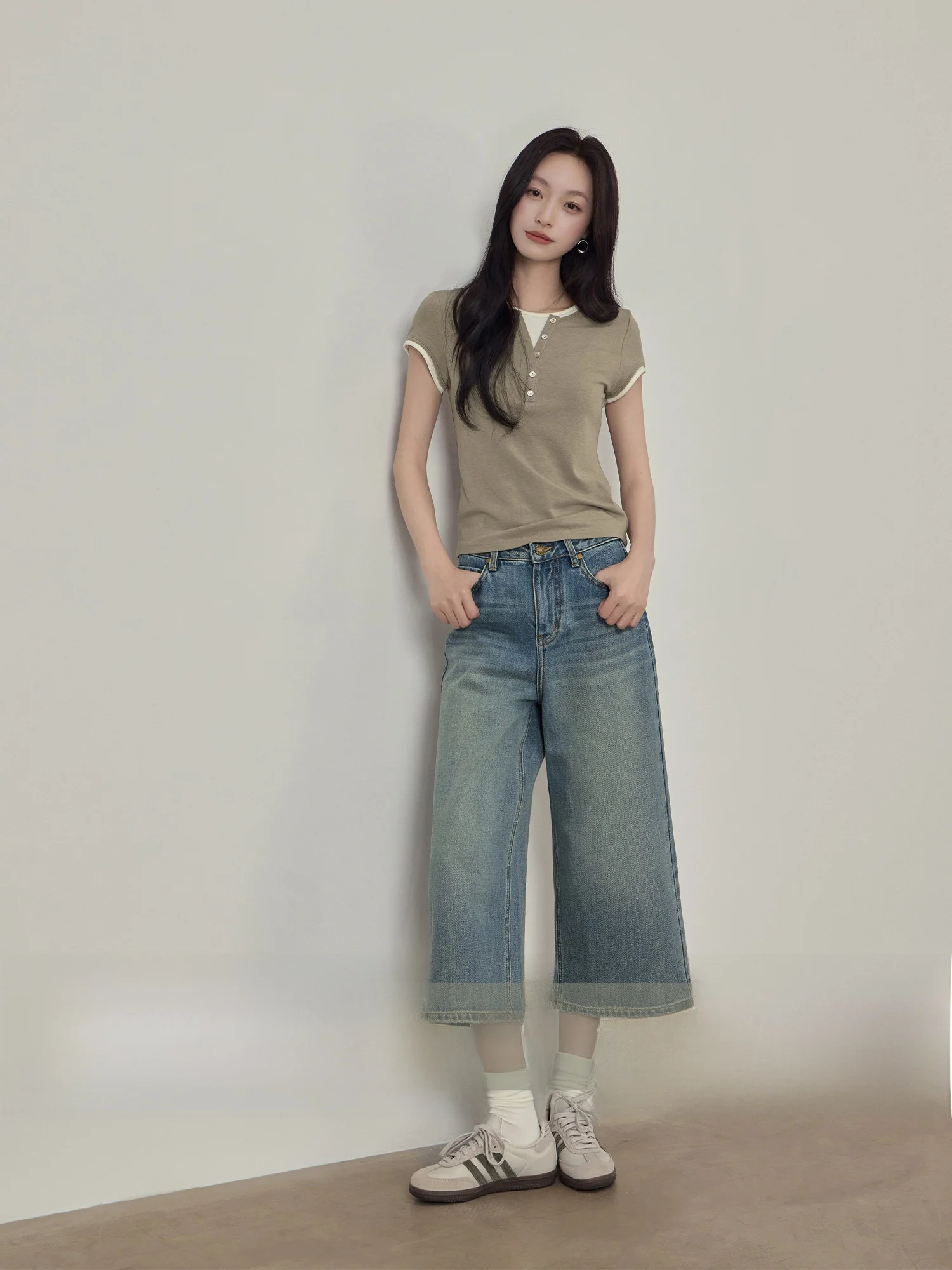 Rising Shorties Vintage Blue Jeans Straight Leg Slimming Pants for Pear Shaped Women Casual Washed Cotton Ladies Trousers