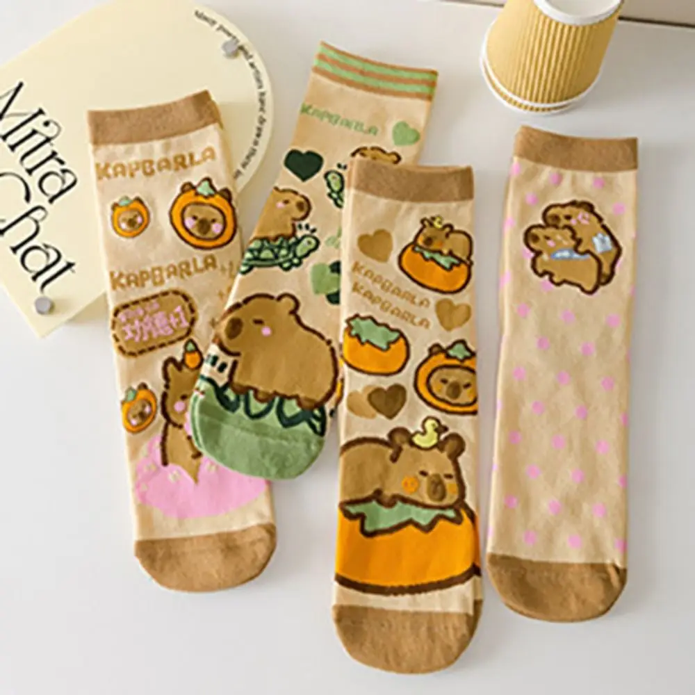 3Pairs Cute Stripe Capybara Tube Socks Letter Dot Cartoon Socks Funny Anti-slip Cotton Mid-calf Socks Streetwear