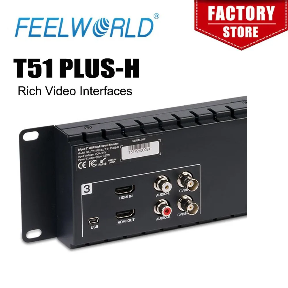 FEELWORLD T51 PLUS-H Triple pantalla montada en rack 2RU de 5,5 pulgadas Full HD 4KHMI Entrada y salida AV 1920x1080 píxeles