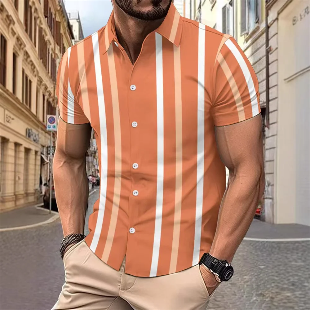 Striped Men's Business Casual 3D Printed Shirt Outdoor Street Summer Lapel Short Sleeve XS-5XL Stretch Fabric Shirt 2025