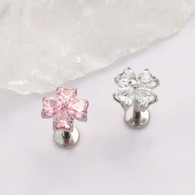 ASTM F136 Titan mit Herz CZ Blumen-Lab-Piercing, Labret-Lippenstecker, glitzernde Ohrstecker für Tragus, Helix, Conch, Ohrläppchen, Körperschmuck – Detail 9