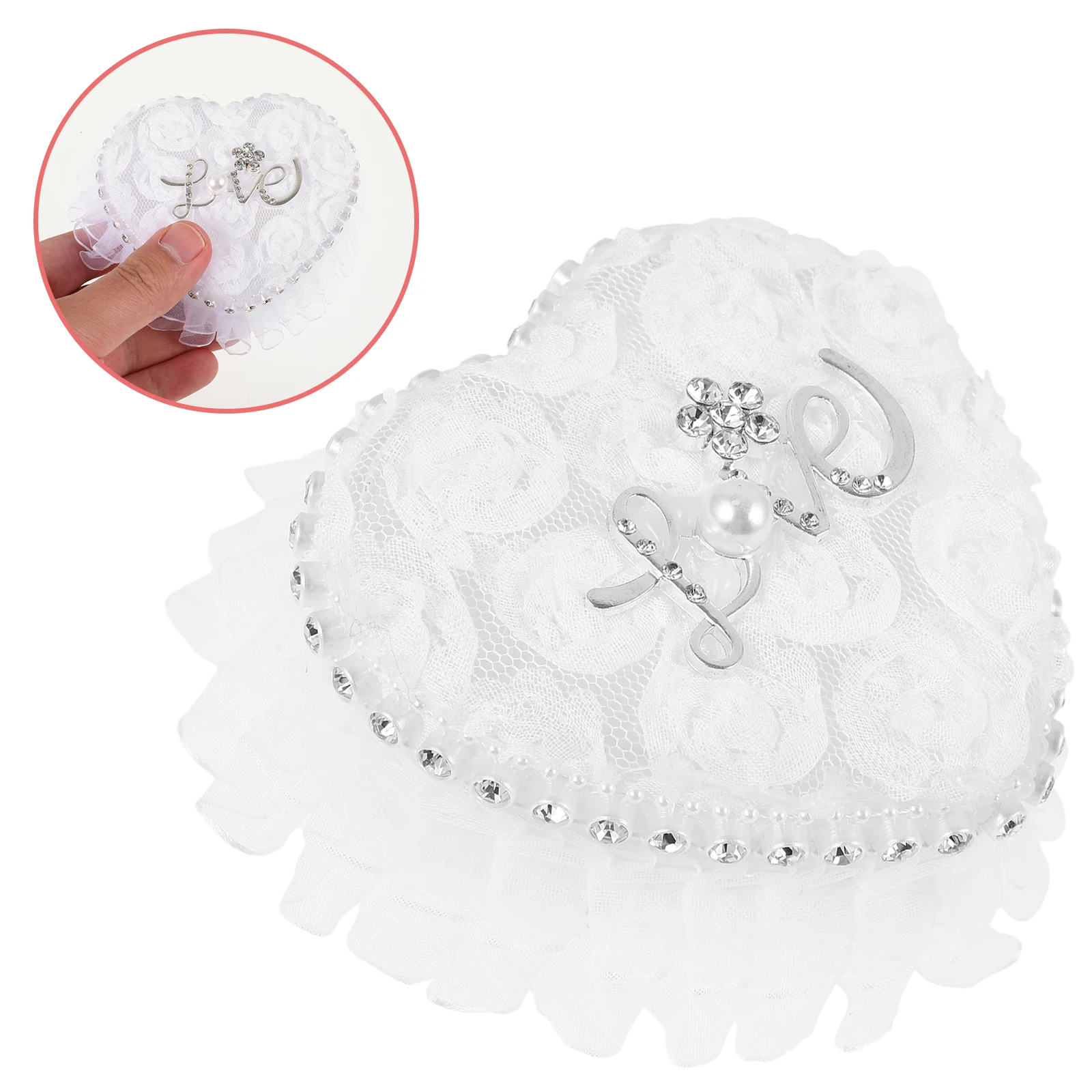 

1pc Heart Shape Wedding Ring Box Lace Pillow For Ceremony Fabric Plastic Sturdy Compact Lightweight Storage Carry Elegant Decor