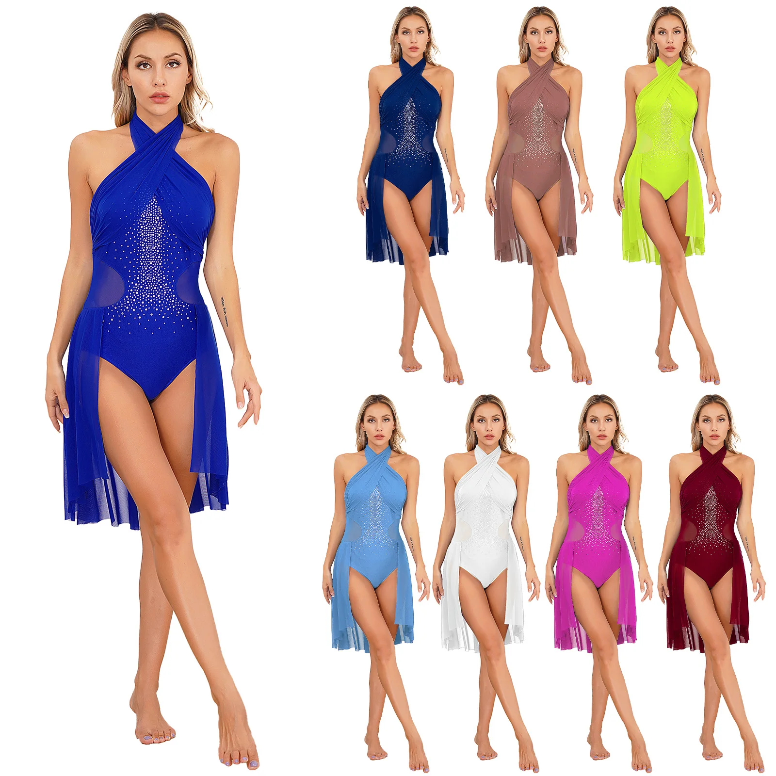 Women Mesh Patchwork Leotard Dress Lyrical Performance Costume Cross Front Ruched Shiny Rhinestones Backless Sleeveless Dresses