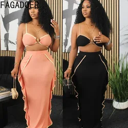 FAGADOER Sexy Solid Ruffle Skinny Skirts Two Piece Sets Women V Neck Thin Strap Sleeveless Crop Top And Skirts Outfit Streetwear