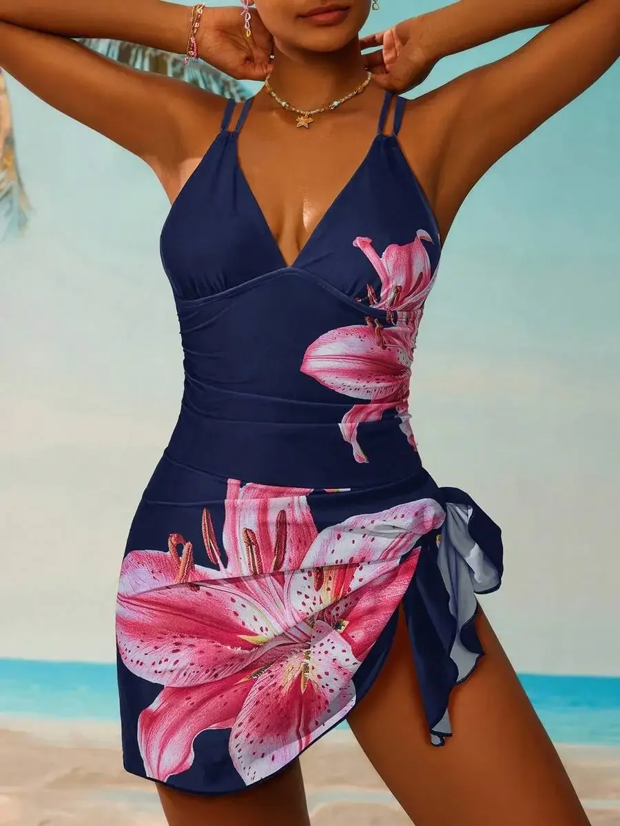 

Women Floral Print Tie Waist Tankini Swimsuit Deep Blue
