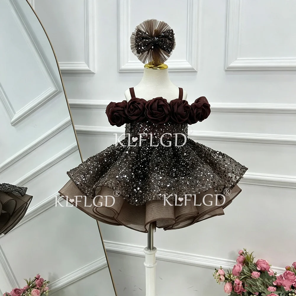 KLFLGD Luxurious and elegant girls one-shoulder beauty pageant dress sequined flower tutu skirt formal Christmas ball costume