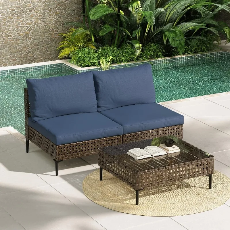 Three Piece Wicker Patio Furniture Set, Vintage Outdoor Combo Sofa with Waterproof Blue Thick Cushions and Coffee Table