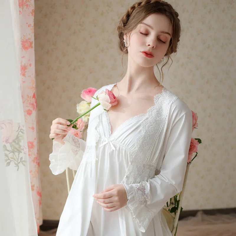 Fairy Two Piece Robe Sets Women Spring Autumn White Cotton Vintage Nightgown Victorian Night Dress Gown Sexy Sleepwear Nightwear