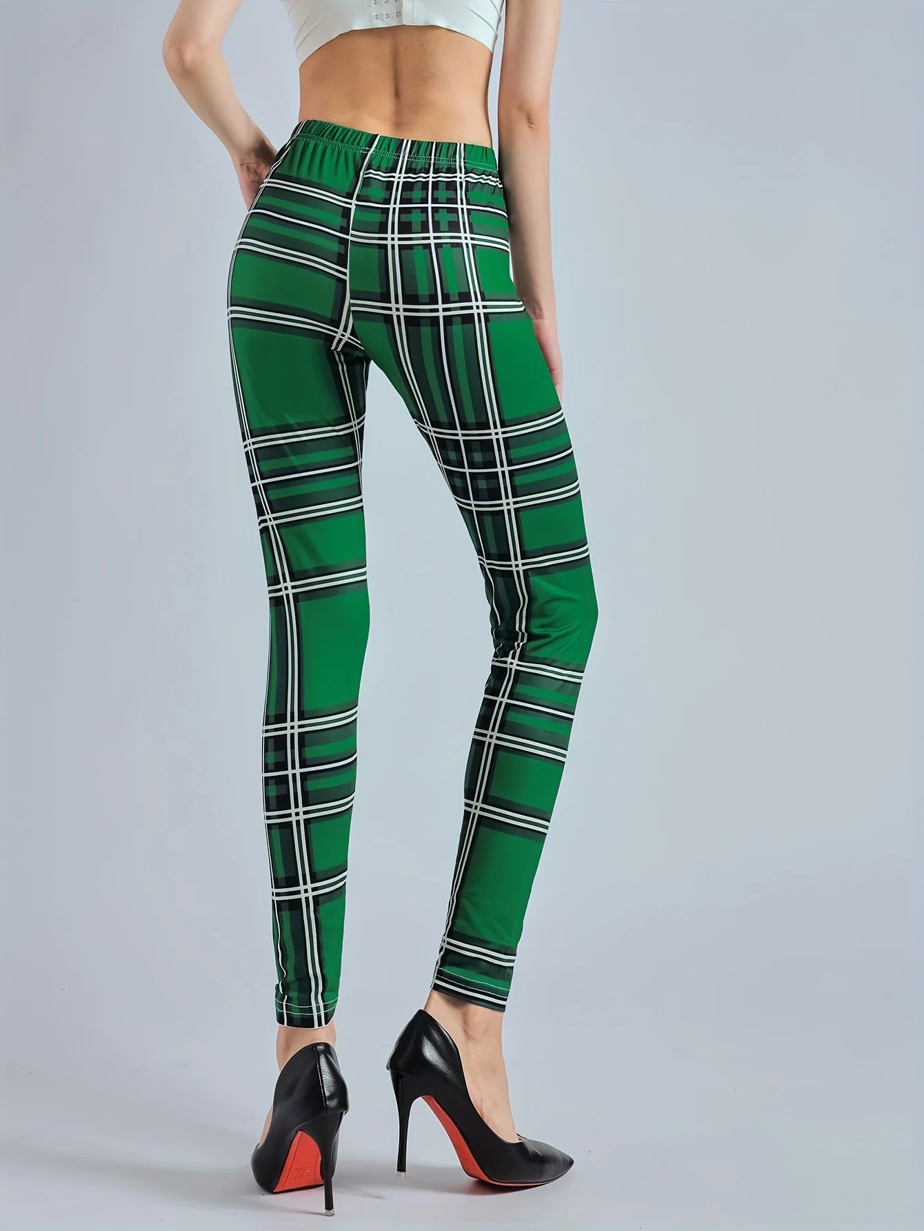 Women's Green Checkered Printed Leggings High Waisted And High Elastic Leggings Casual Pencil Pants Tight Pants