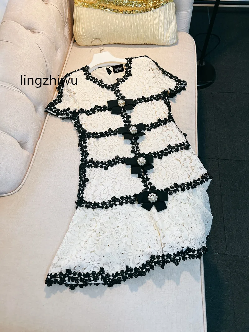 lingzhiwu Lace Dress Elegant Top Quality Luxury Ladies Dresses Beading Bow Collage Gentle Vestidos Summer New Arrive