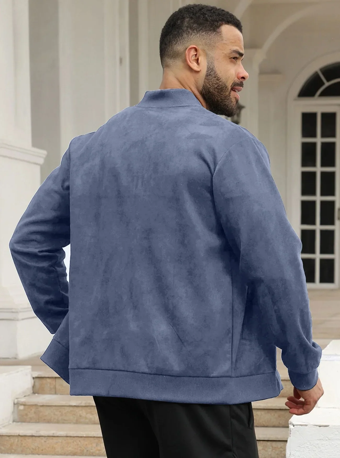 Herren-Wildlederjacke mit durchgehendem Reißverschluss, Stehkragen, lässig, langärmelig, einfarbig, leichte Streetwear-Oberbekleidung – Detail 3