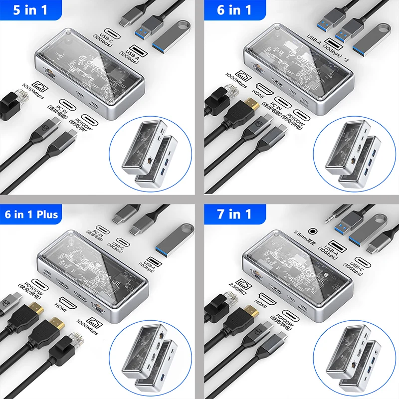ORICO 10Gbps USB 3.2 Gen2 stasiun Dok Tipe C USB A Hub Splitter Multi Port RJ45 HDMI PD 100W adaptor USB3 untuk MacBook Laptop