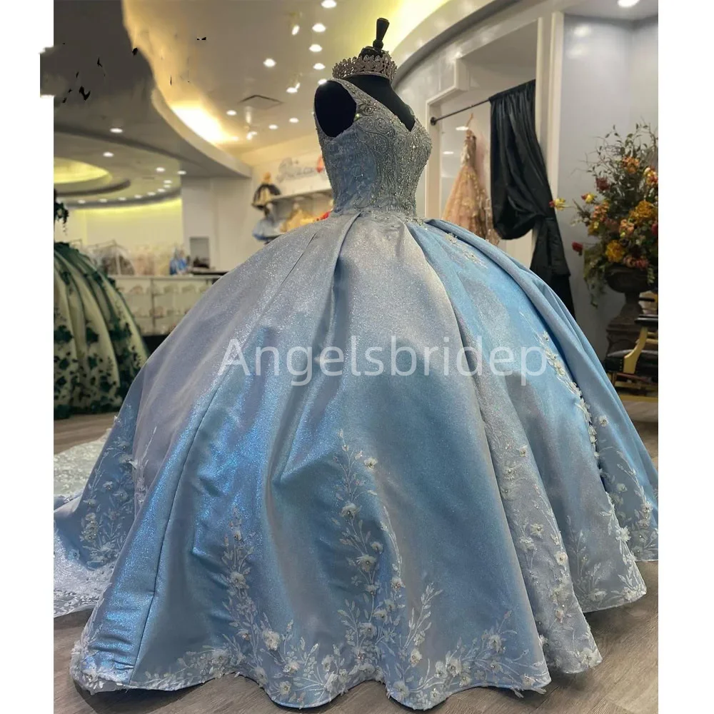 

Angelsbride Sky Blue Satin Ball Gown Quinceanera Dresses 2025 Long Lace Train Beading Vestidos De 15 Anos Evening Party Dress