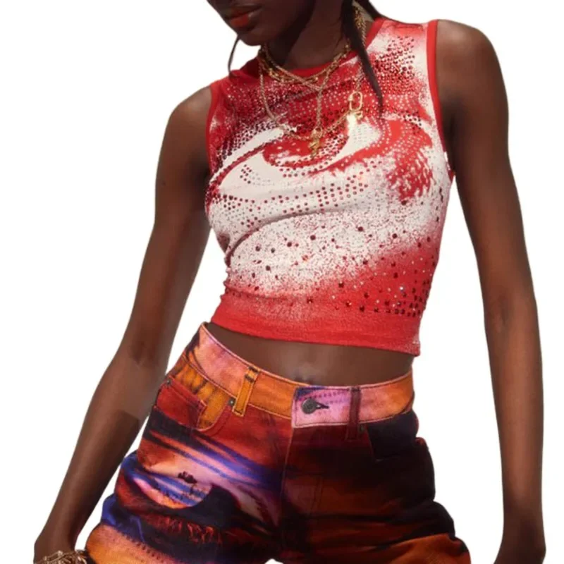 Women Summer Sexy Print Hot Diamond Sleeveless 2024 Harajuku Y2K Hand Painted Eye Print Round Neck Short Casual Tank Top MYQH15