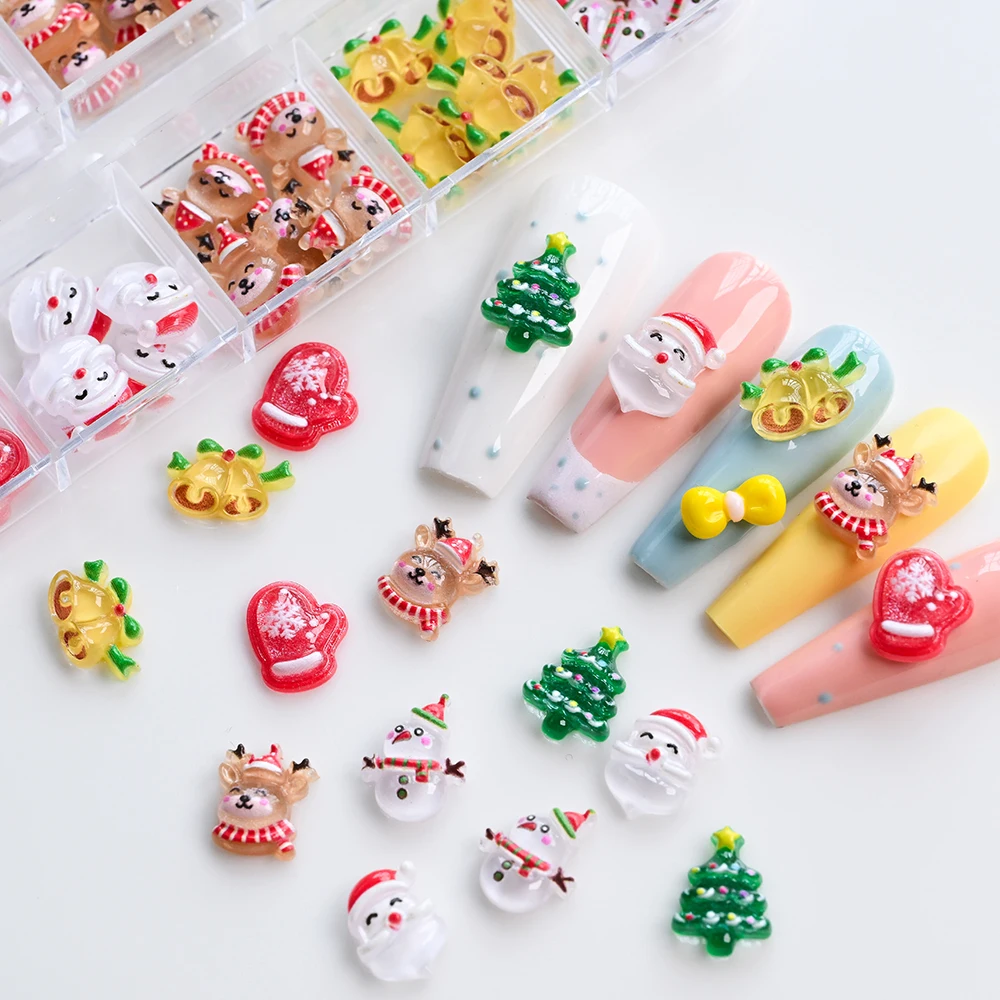 60 Stuks Gemengde Kerst Hars Nail Charm Kawaii Kerstbomen Sneeuwpop Elanden Kerstman Steentjes DIY 3D Ambachten Nail Art decoratie