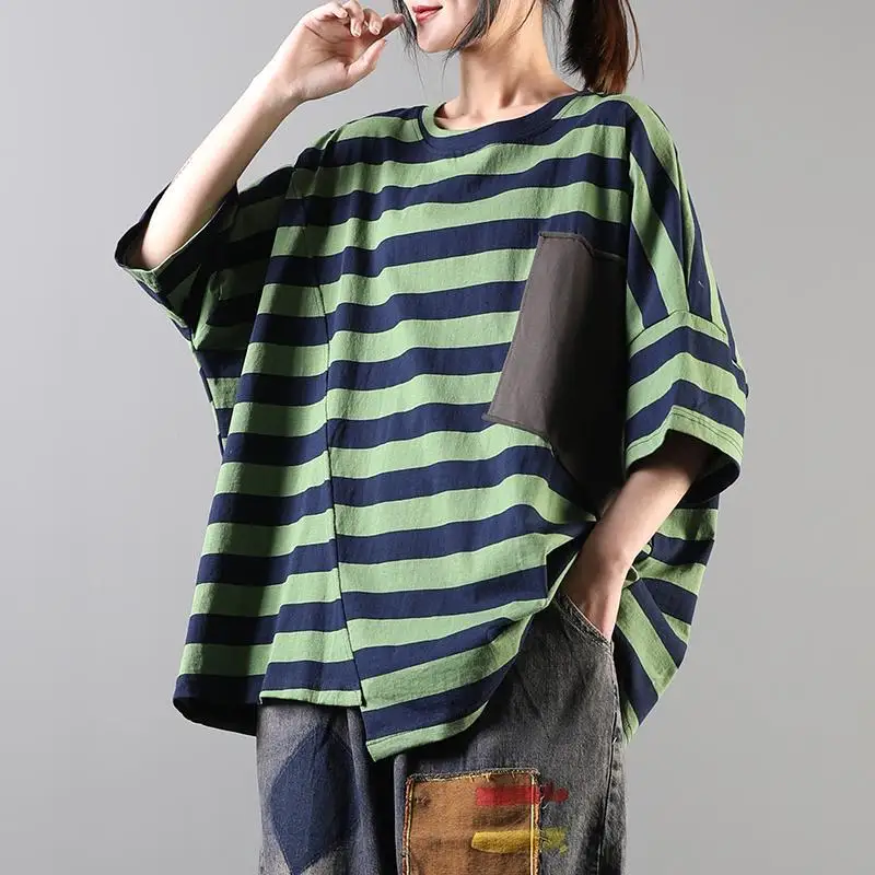 

T-shirts Women Clothing Tees Loose Cotton Female Shirts Short Sleeve Print Striped Spliced Oversize Batwing Sleeve Lady Top