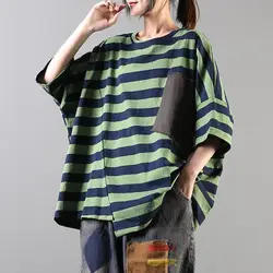 T-shirts Women Clothing Tees Loose Cotton Female Shirts Short Sleeve Print Striped Spliced Oversize Batwing Sleeve Lady Top