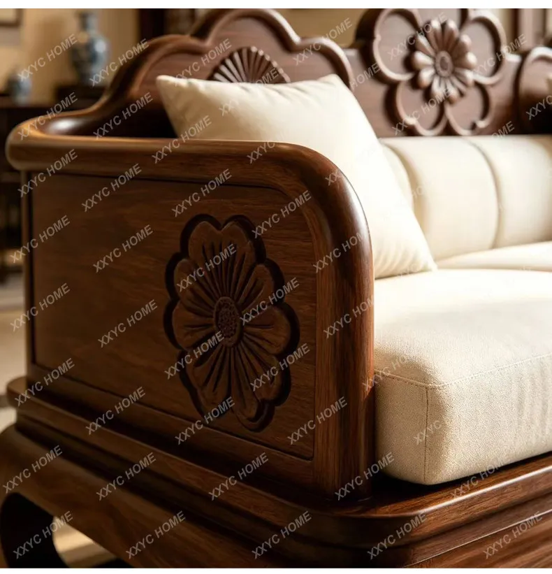 XX  New Chinese-style  black walnut sofa carved backrest tenon and mortise straight row fabric sofa solid wood