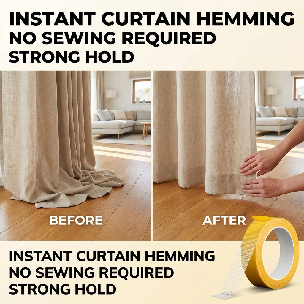 1 Roll 393.7 Inch Curtain Shortening Tape Multifunctional Adhesive Tape Durable Roll Pack Curtain Hemming Fixing Sticker Home Te