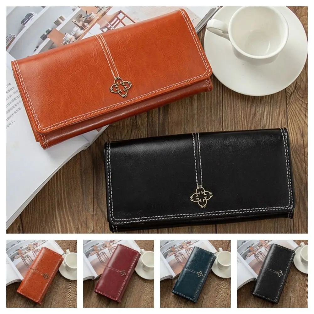 

Waterproof RFID Blocking Folding Wallet Multiple Card Slots PU Leather Woman Long Purse Oil Wax Leather Lightweight