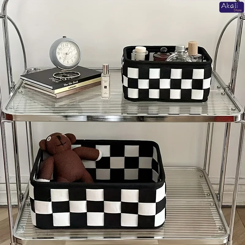2026Black and White Checkered Storage Basket Desktop Cosmetics Storage Organizer Snack and Toy Storage Basket Home Decor view 4