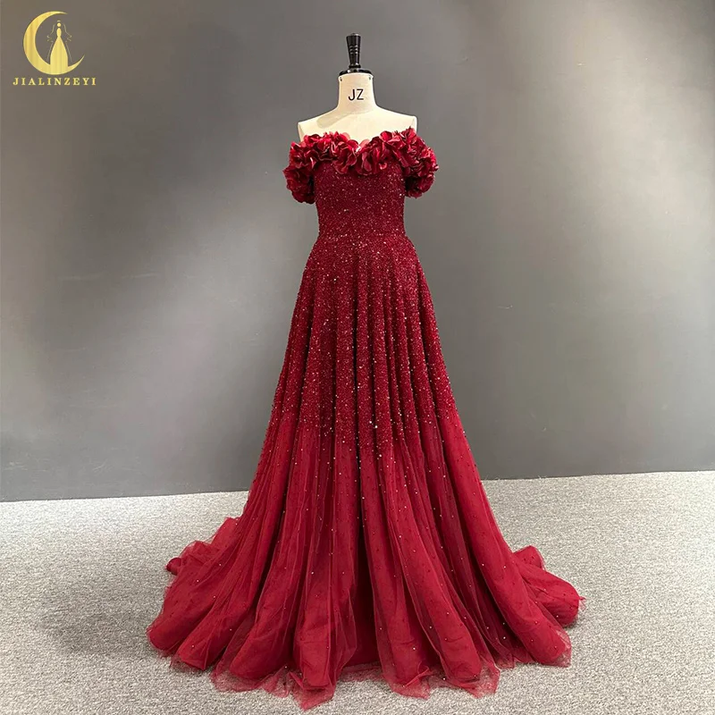 3658 Real Wine Red Off the Shoulder Beaded Satin Flowers A-line vestidos para mujer robe de soirée فساتين السهرة Evening dresses