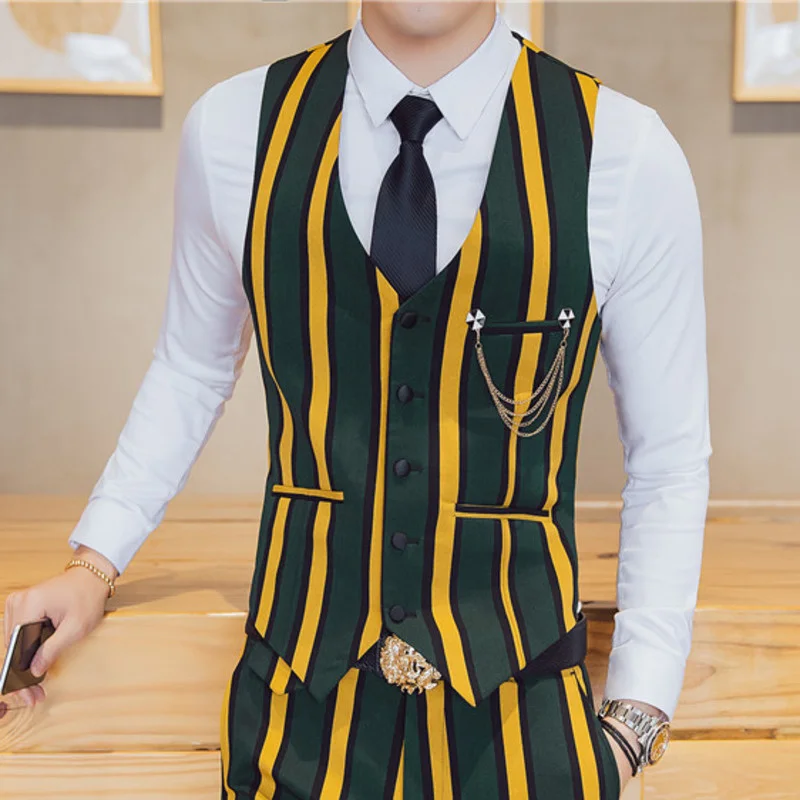 Chaleco 2022 Hombre Fashion British Style Stripe Printing Single Row Buckle Vest Waiter Nightclub Vest Work Clothes Vest Man