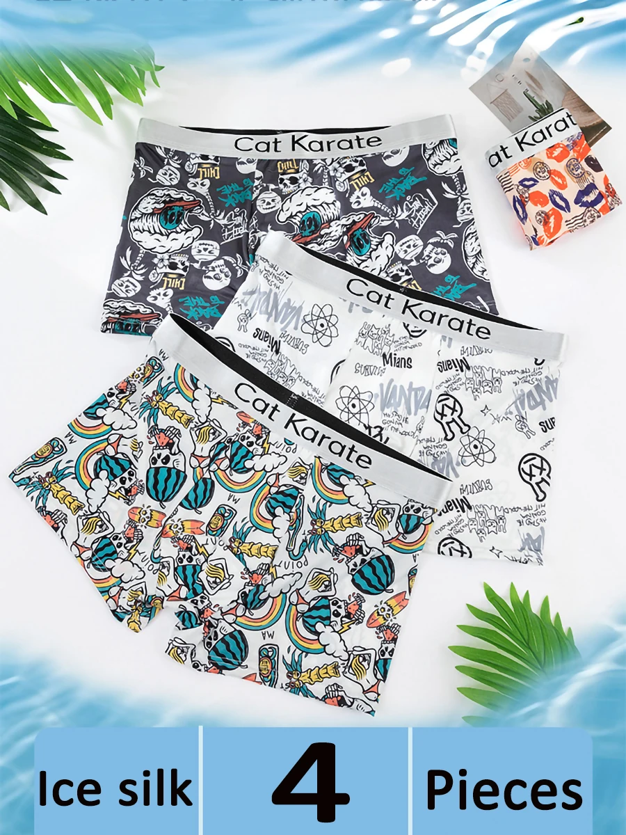 

4-Piece Men's Ice Silk Mid-Waist Boxer Briefs Set - Cat Karate Graphic Design (Multiple Sizes)-Men's Underwear