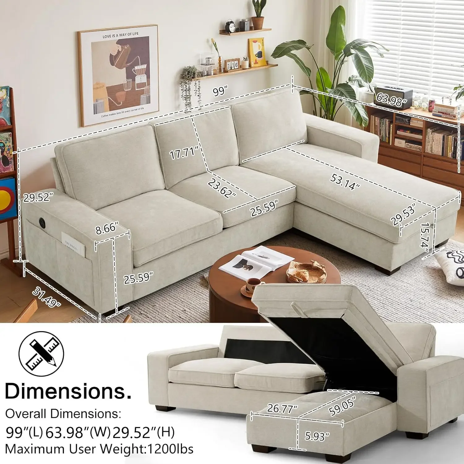 99“ Convertible Sectional Sofa,L Shaped Couch,Multi-Functional Reversible Sofa with USB and Type-C Charging Ports,(Beige)