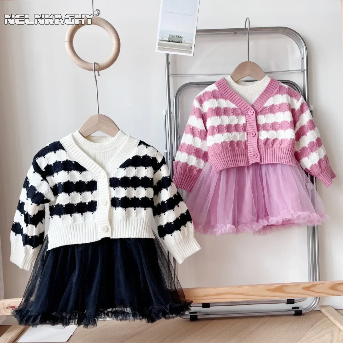 

2024 Autumn Newin Sweater + Dress for Girls: Children's Striped Thick Knit Cardigan with Princess Dresses 2-Piece Set