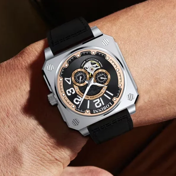 LOBINNI MensAutomatic Watch 41mm Square Mechanical Wristwatch Luminous Sapphire Mirror Skeleton Dial Small Second Dial 24 Hours