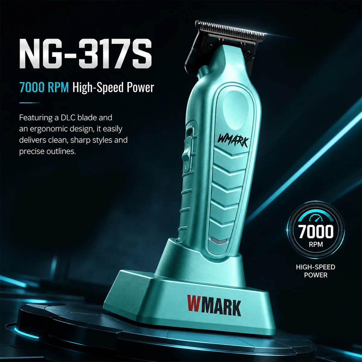 wmark-ng-317s-ヘアトリマーマシン。刃先が極めて鋭いdlcブレードを搭載し、ベース充電器付き。プロ仕様のメンズ用ヘアクリッパー。仕上げ用。