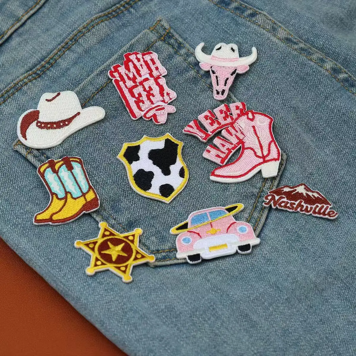 American Style Cow Embroidered Denim Patch Iron-On Decorative Sticker for Hats Bags Luggage Cross-Border Popular Sale