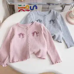 Girls Jackets Knit Autumn Winter 2024 Coats for Kids Bow Children Cardigan Pink/grey Toddler Windbreaker Baby Outfits Clothes