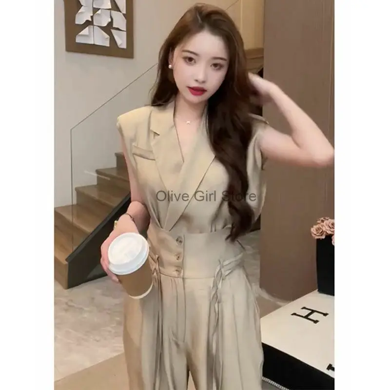 Elegant Socialite Long Pants Set Workout Sets Woman Clothes Outfits Summer Fashion High-end V-neck Sleeveless Suit Top and Pants