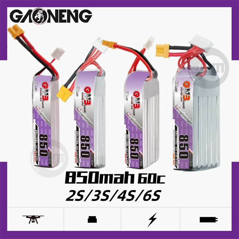 

2 шт. Gaoneng GNB 850 мАч 60C 2S/3S/4S/6S 7,6 В/11,4 в/15,2 в/22,8 в литий-полимерный аккумулятор с разъемом XT30 для гоночного дрона FPV дальнего радиуса действия