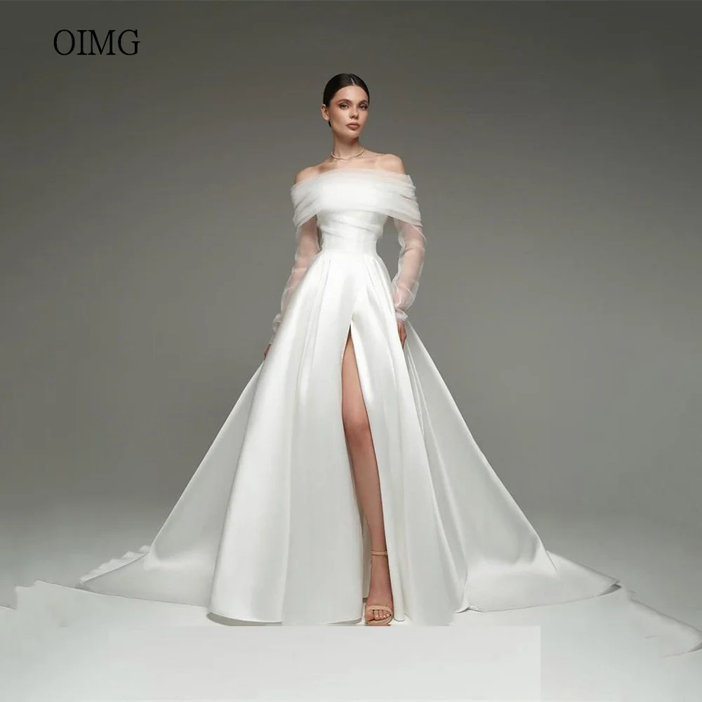 OIMG Modern Ivory A-line Wedding Dress Tulle Long Sleeves Bride Dresses High Side Split Long Wedding Gowns Customized