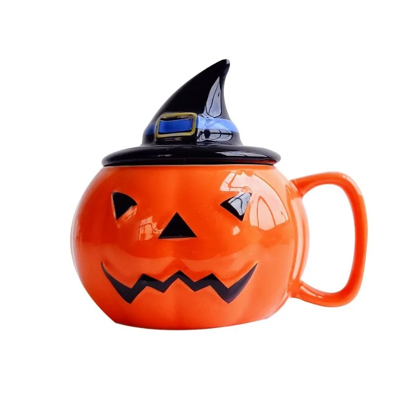 Taza de café con forma de calabaza Imp, Taza de cerámica, taza de desayuno de Halloween con tapa, taza de dibujos animados, decoración de