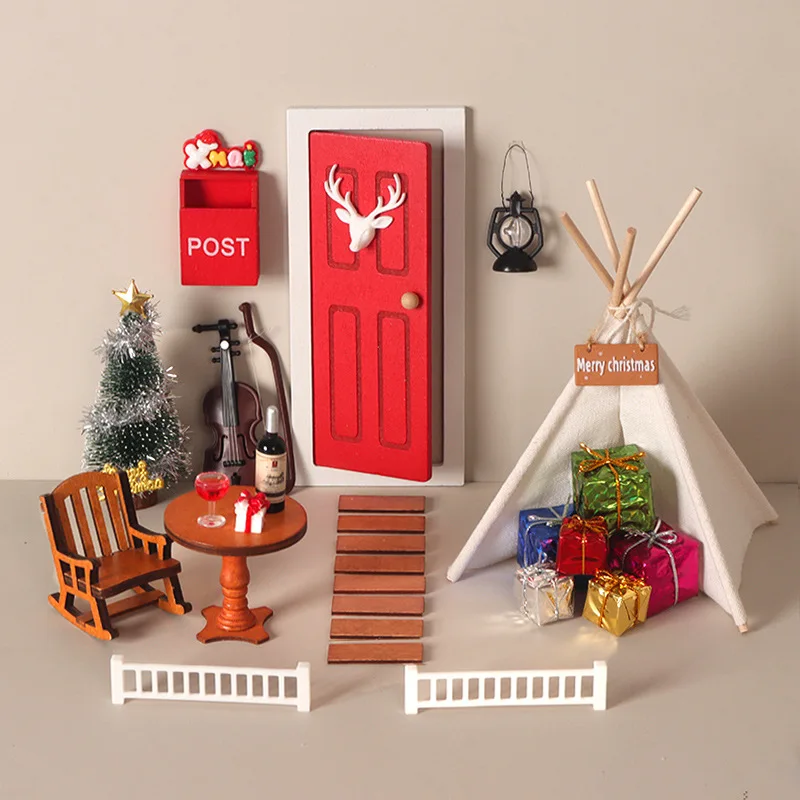 1:12 Dollhouse Christmas Fairy Door Tent Scene Set BJD OB11 Mini Xmas Cabin Decor Gift Box Tree Layout Diorama Shooting Prop